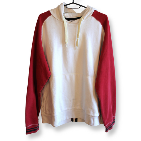 Y2K Vintage Nike Raglan Hoodie - White Red Spellout Hood Stripe | Size L