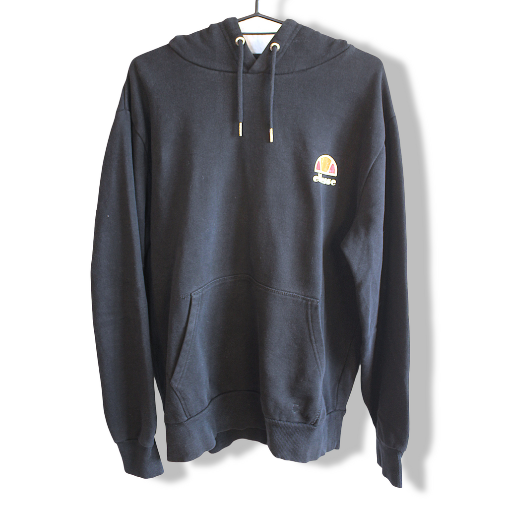 Y2K Ellesse Black Hoodie Minimalist Small Chest Logo Pullover Mens | Size L
