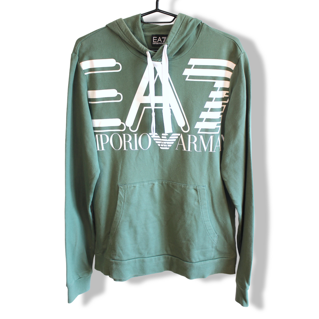 EA7 Emporio Armani Hoodie Green Oversized Spellout Graphic Mens | Size XS
